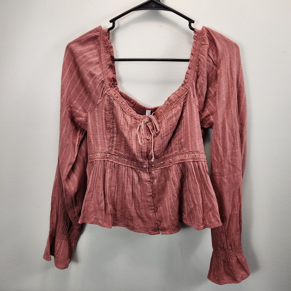 American Eagle Peasant Top Small Dusty Rose Lace Button Front Peplum Blouse